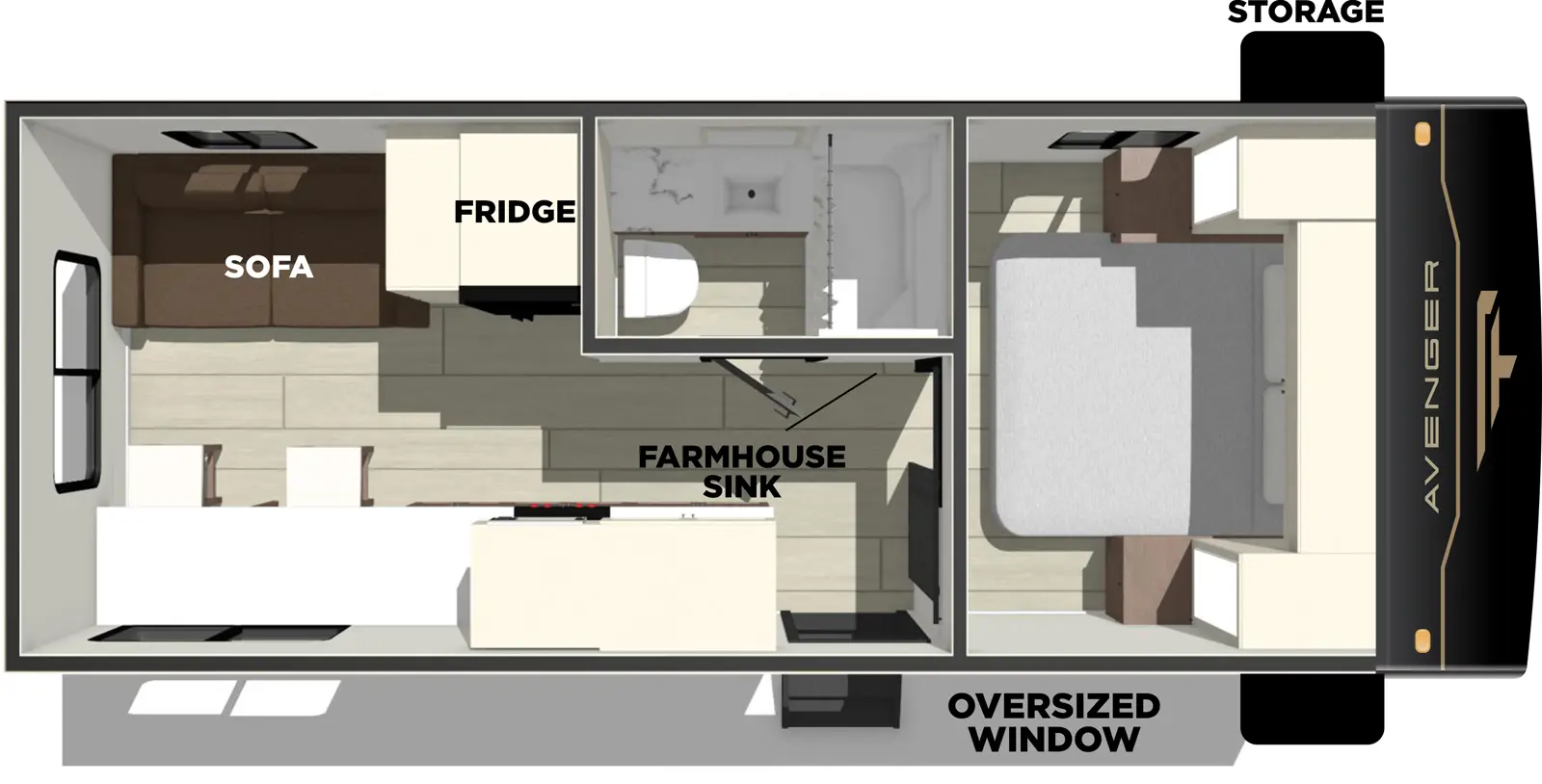The Avenger 22MK floorplan has one entry and zero slide outs. Exterior features include: fiberglass exterior and 13' awning. Interiors features include: front bedroom and rear living.